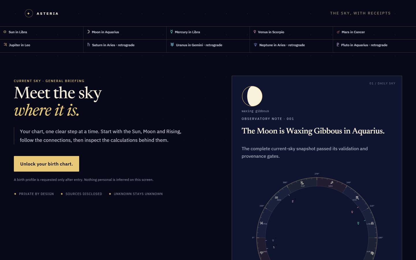 Asteria guest landing with today's sky strip, the Moon's phase and the general-sky wheel