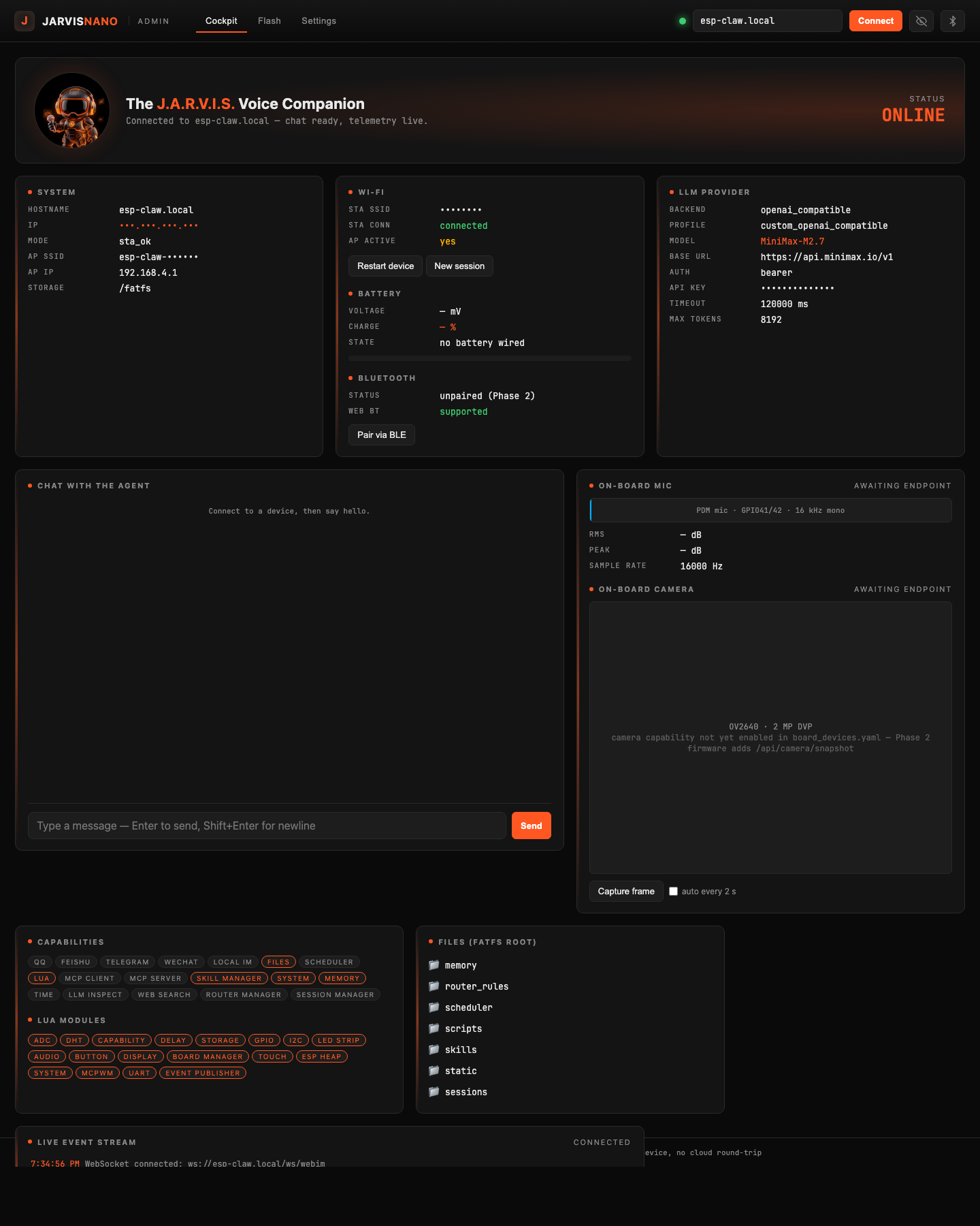 JarvisNano cockpit dashboard with device telemetry and assistant controls