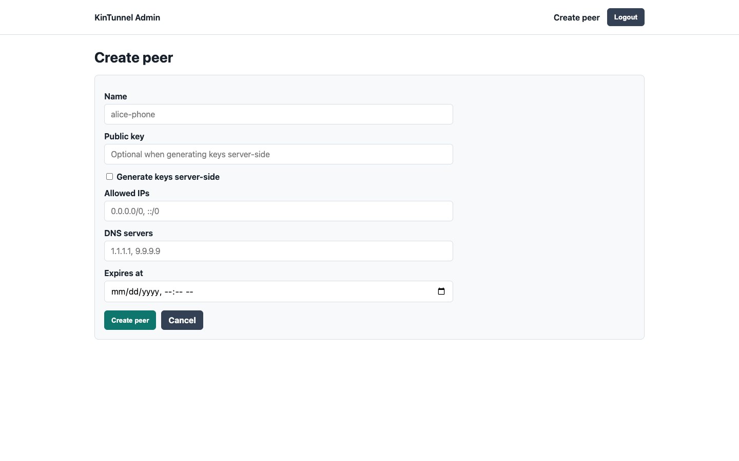 Kintunnel admin screen for creating a WireGuard peer
