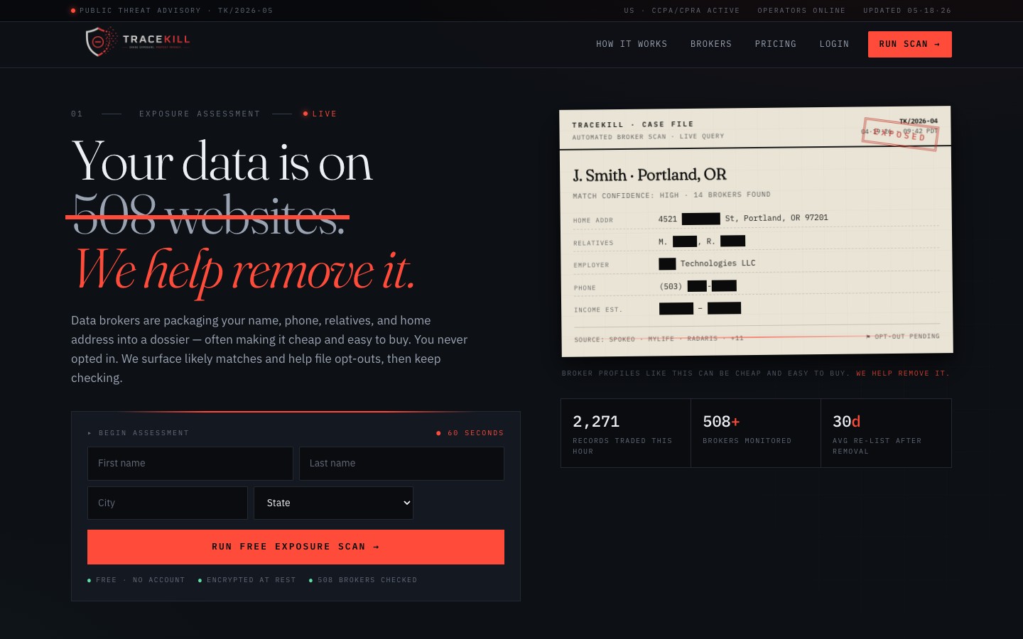 TraceKill live exposure scan homepage with broker-removal case file