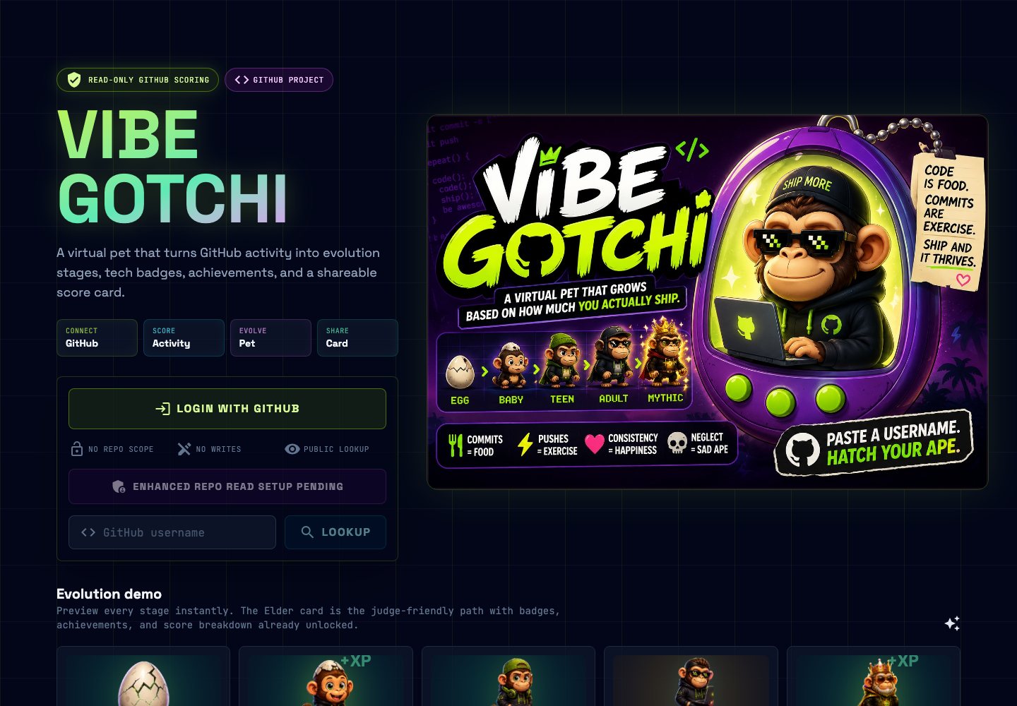 VibeGotchi live homepage showing GitHub-powered virtual pet product interface